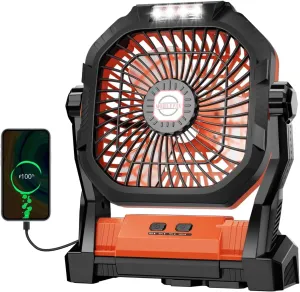 Camping Fan Rechargeable, 20000mAh Battery Powered Portable Fan with LED Light, 4-Speed 180° Adjustable, Camping Essentials for Tent, Travel, Car, Outdoor, Indoor, BBQ, Fishing, Jobsite - Orange