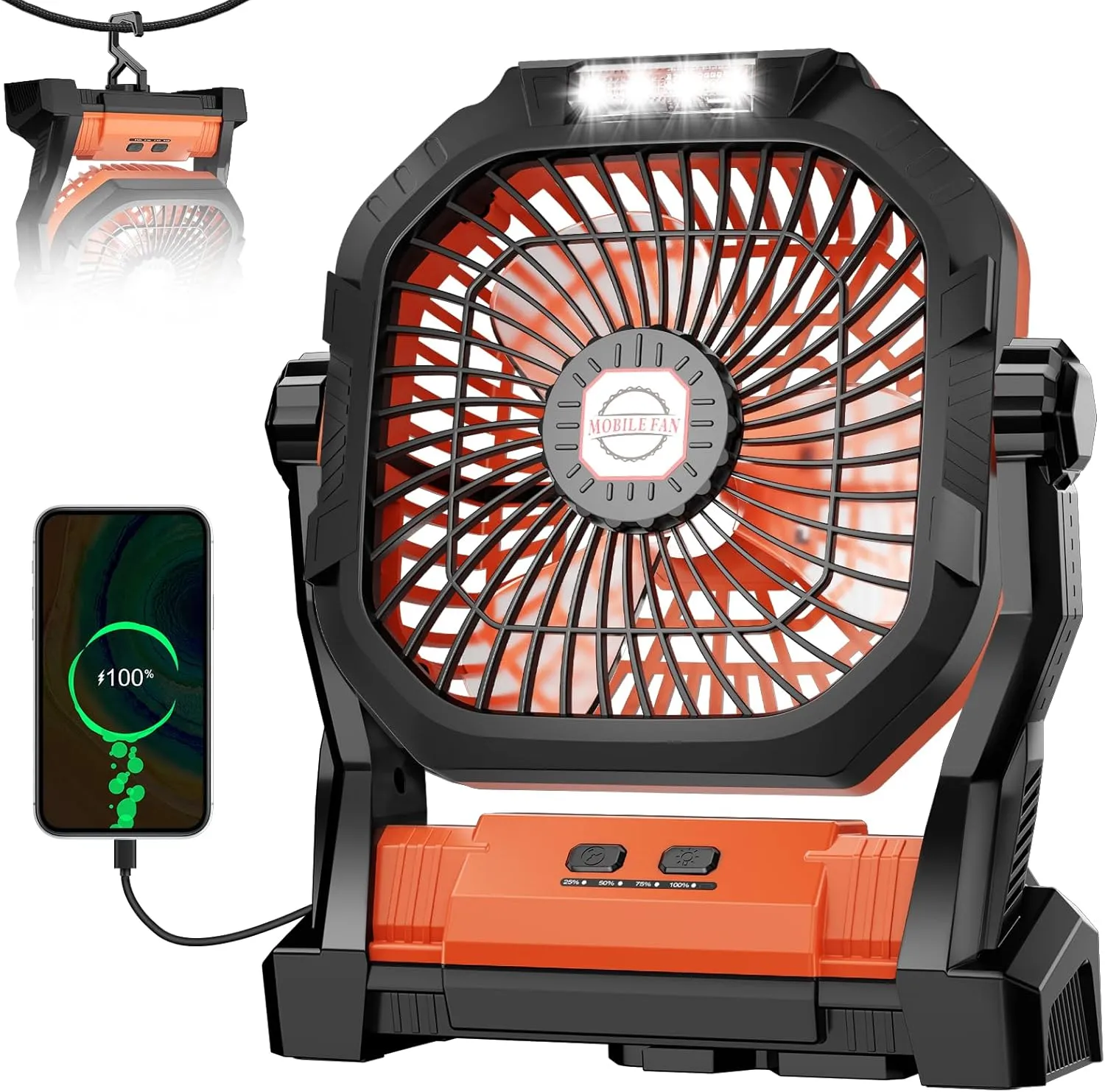 Camping Fan Rechargeable, 20000mAh Battery Powered Portable Fan with LED Light, 4-Speed 180° Adjustable, Camping Essentials for Tent, Travel, Car, Outdoor, Indoor, BBQ, Fishing, Jobsite - Orange