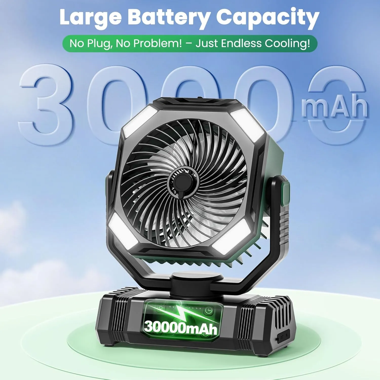Camping Fan Rechargeable - 30000mAh Battery Powered Misting Fan for Outdoor Beach Tent - Portable Battery Operated Tent Air Conditioner for Camping - Glamping Essentials