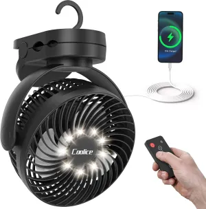 Camping Fan with Remote Control - 12000mAh Rechargeable Battery Powered Fan, Camping Fans for Tents with LED light & Hanging Hook, Rechargeable Battery Operated Ceiling Fans for Tent RV Bed, Black
