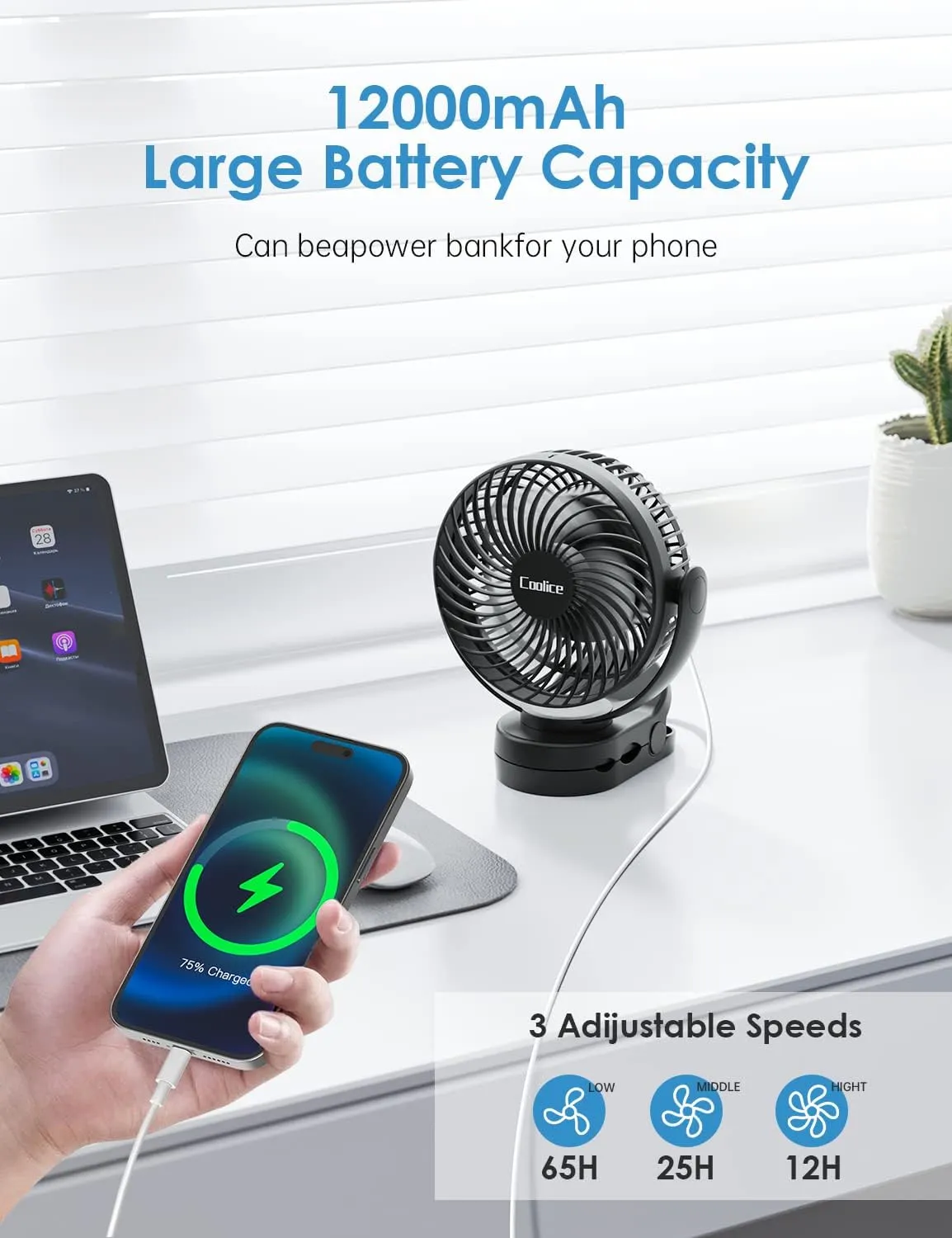 Camping Fan with Remote Control - 12000mAh Rechargeable Battery Powered Fan, Camping Fans for Tents with LED light & Hanging Hook, Rechargeable Battery Operated Ceiling Fans for Tent RV Bed, Black