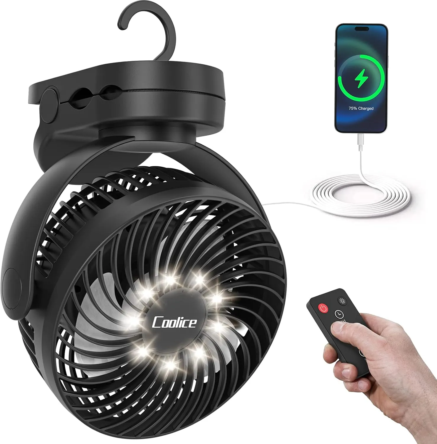 Camping Fan with Remote Control - 12000mAh Rechargeable Battery Powered Fan, Camping Fans for Tents with LED light & Hanging Hook, Rechargeable Battery Operated Ceiling Fans for Tent RV Bed, Black