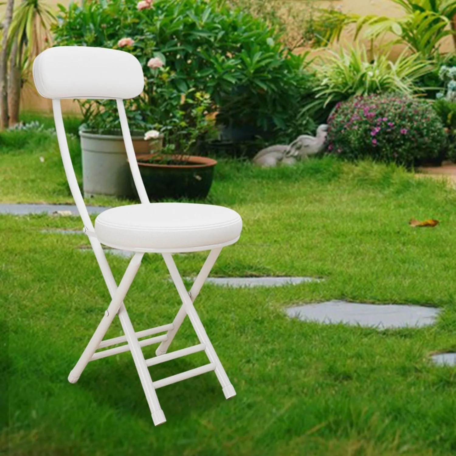 Camping Folded Chair Padded Folding Stool Portable Compact Sturdy with Back Metal Frame for Travel Kitchen BBQ Outdoor Hiking, White