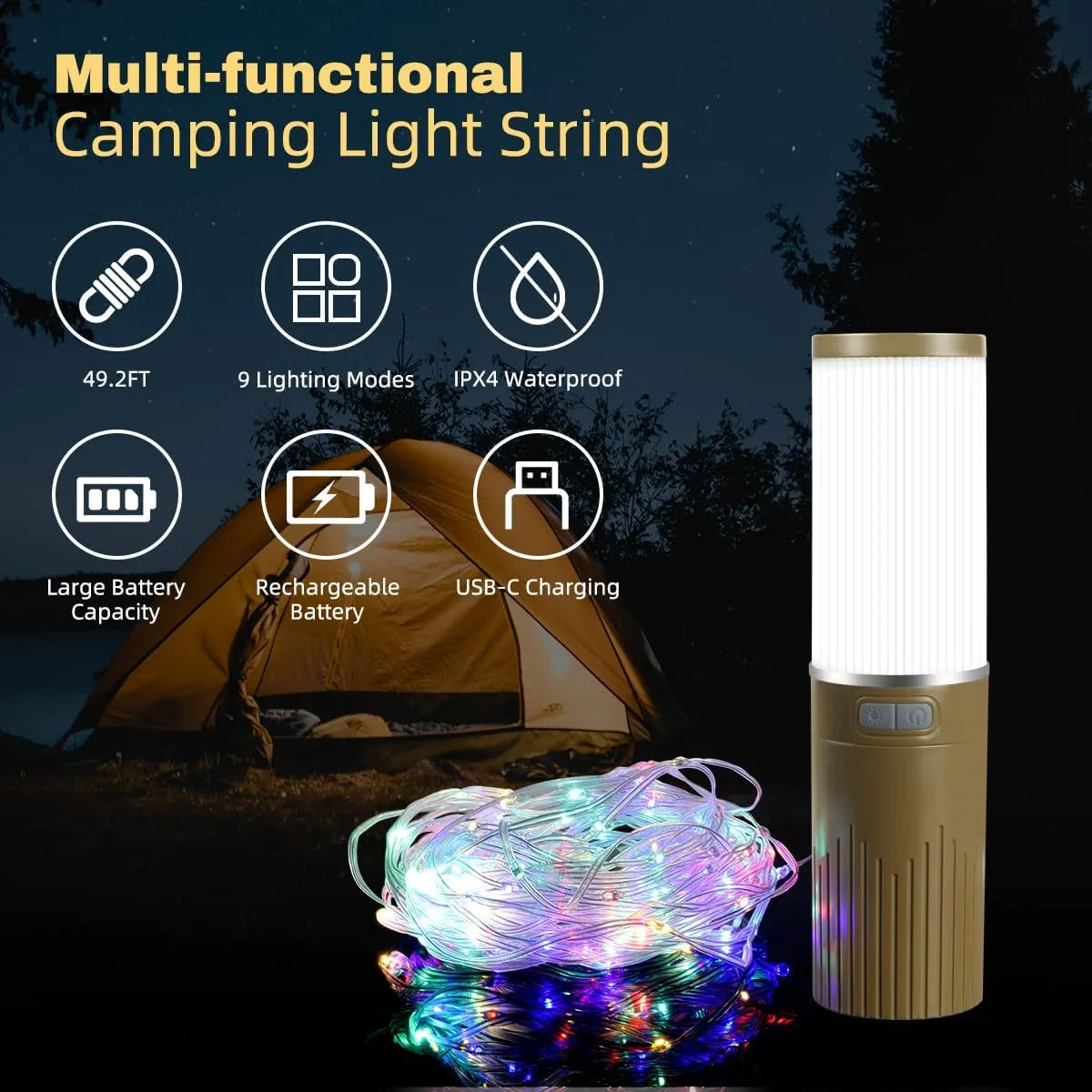 Camping Lantern with 49.2FT String, 2 in 1 Outdoor RGB String Lights with 4 Modes & 5 Modes Rechargeable Camping Lamp IPX4 Waterproof Portable LED Tent Light for Outdoor Yard Garden Decoration