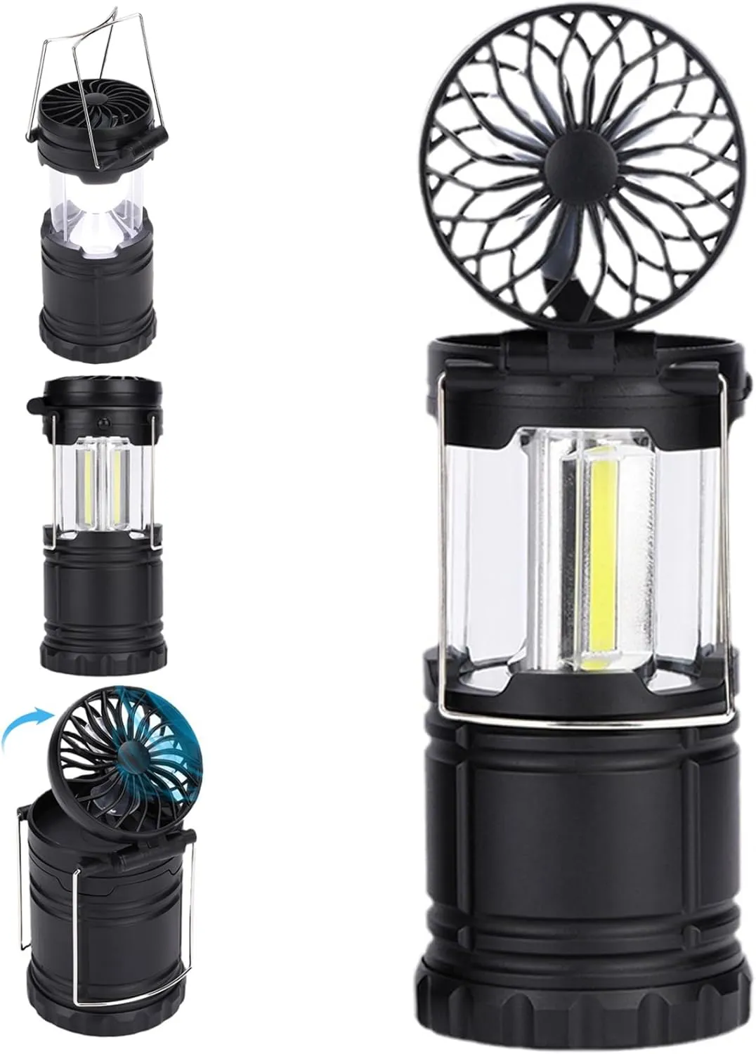 Camping Lantern with Foldable Fan, 3.4x10.2 Silent LED Camping Lights, Battery-Operated Portable Lantern Flashlights with Hooks for Outdoor, LED Camping Lights