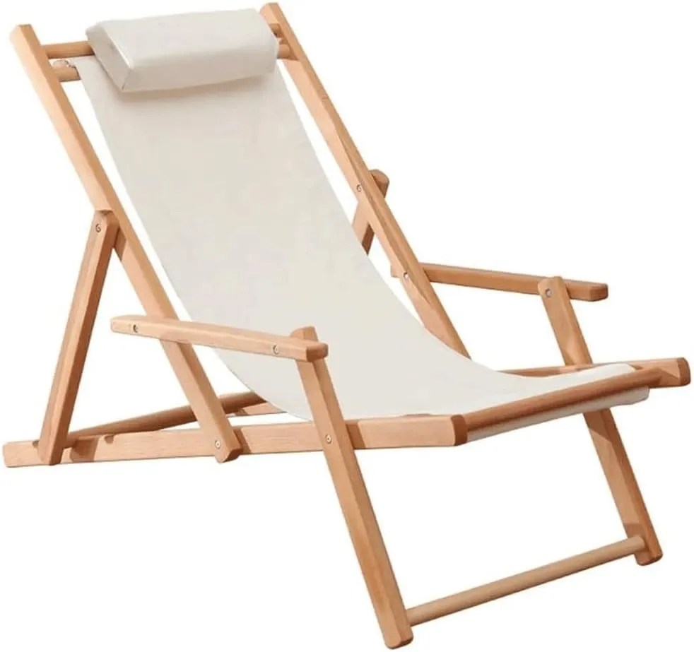 Camping Lounge Chair, Folding Reclining Camping Chair, Portable Recliner, Solid Wood Beach Chair Outdoor Chair