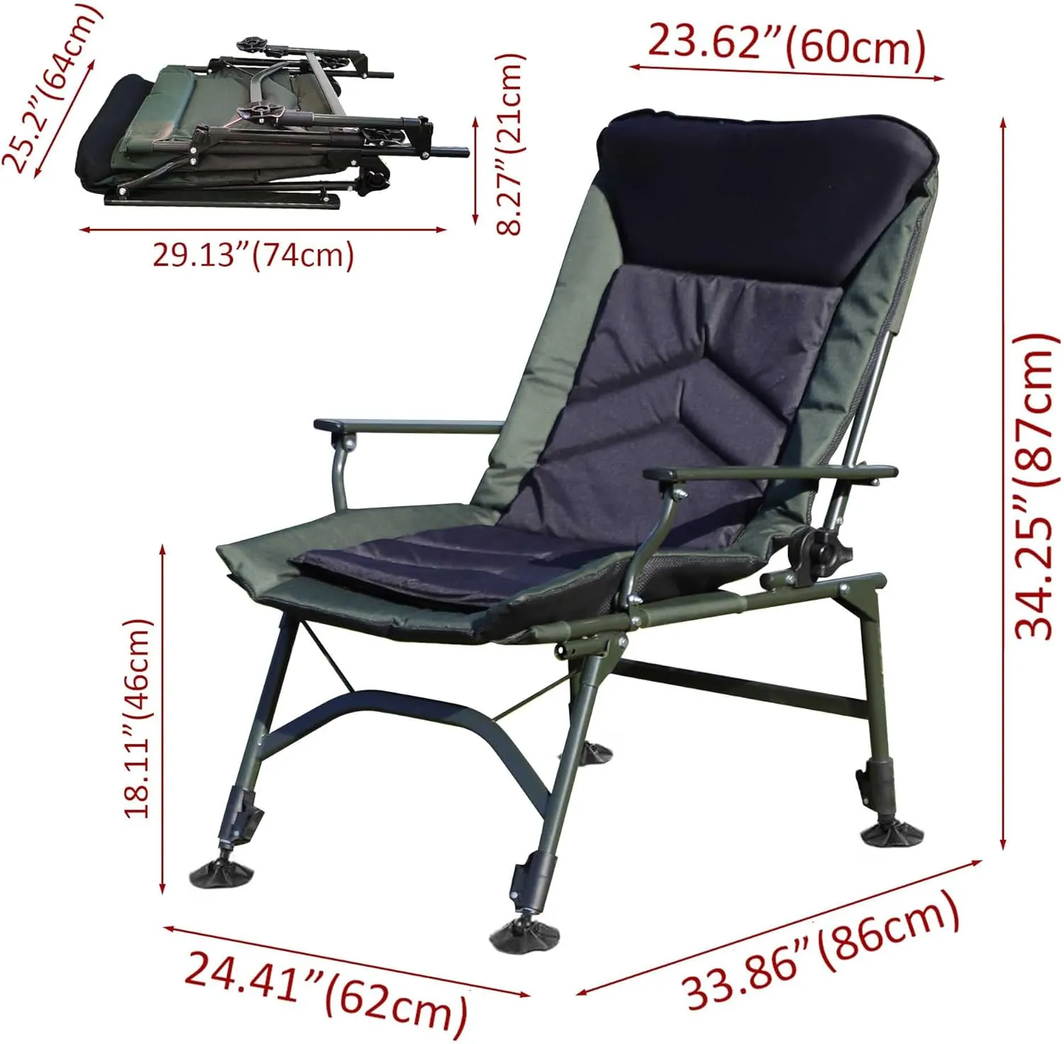 Camping Lounge Chair, Portable Folding Reclining Camping Chair with Adjustable backrest for Indoor and Outdoor, Camping, Beach, Hiking, Fishing (Black Green)