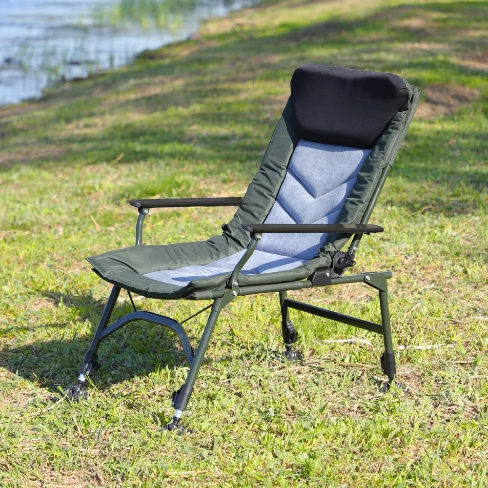 Camping Lounge Chair, Portable Folding Reclining Camping Chair with Adjustable backrest for Indoor and Outdoor Camping Beach Hiking Fishing, Green Black Grey