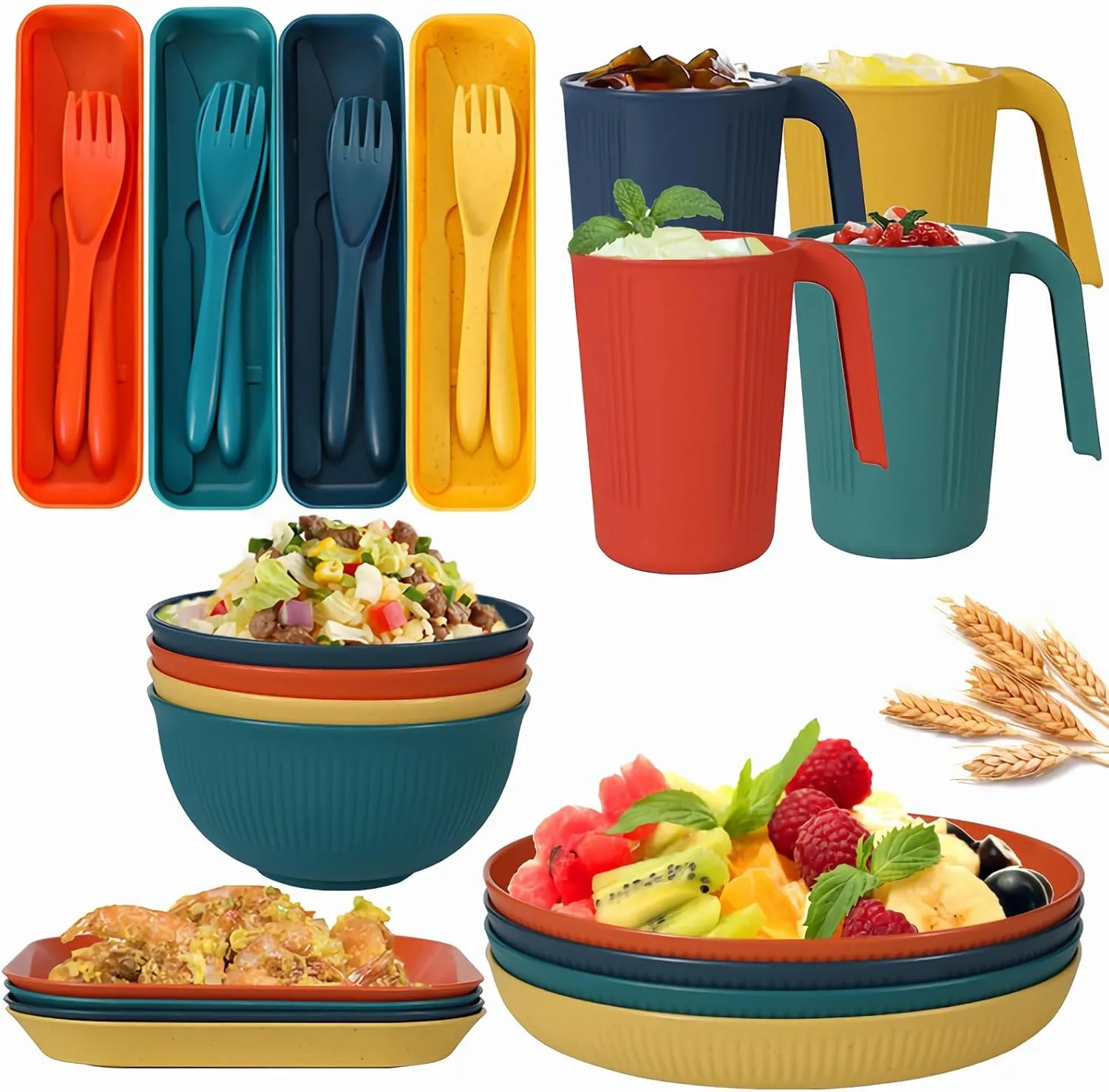 Camping Mess Kit,Unbreakable Dinnerware Set,Camping Plates and Bowls Set for 4 People,Plastic Lightweight Camping Cutlery Set includes Plates Bowls Cups Cutlery Set for Camping, Picnic, RV