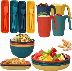 Camping Mess Kit,Unbreakable Dinnerware Set,Camping Plates and Bowls Set for 4 People,Plastic Lightweight Camping Cutlery Set includes Plates Bowls Cups Cutlery Set for Camping, Picnic, RV