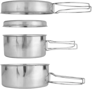 Camping Pan, Camping Cookware Set Stainless Steel Pots and Pan Portable Cooking Mess Set for Picnic 4 Pcs