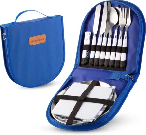 Camping Silverware Kit Cutlery Organizer Utensil Picnic Set - 12 Piece Mess Kit For 2 - Stainless Steel Plate Spoon Butter and Serrated Knife Wine Opener Fork Napkin Hiking - Camp Kitchen BBQ’s (Blue)