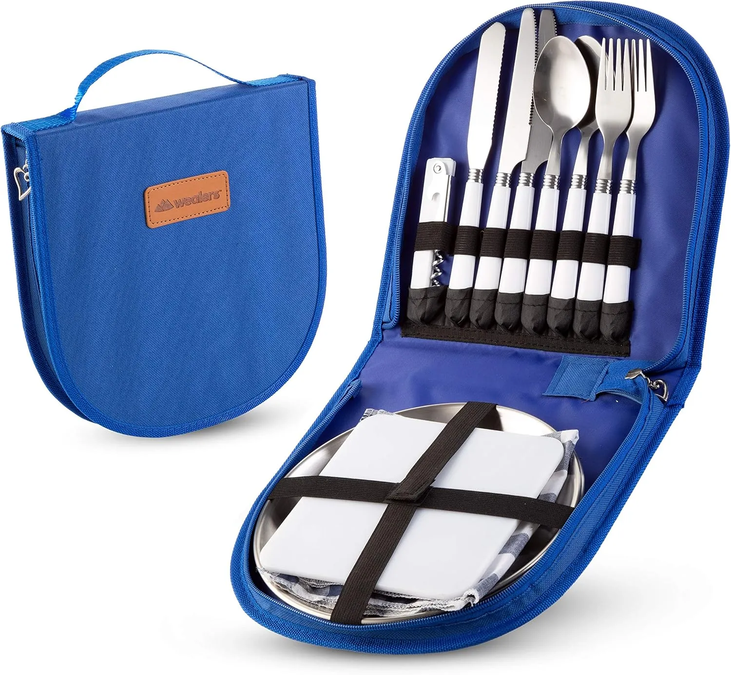 Camping Silverware Kit Cutlery Organizer Utensil Picnic Set - 12 Piece Mess Kit For 2 - Stainless Steel Plate Spoon Butter and Serrated Knife Wine Opener Fork Napkin Hiking - Camp Kitchen BBQ’s (Blue)