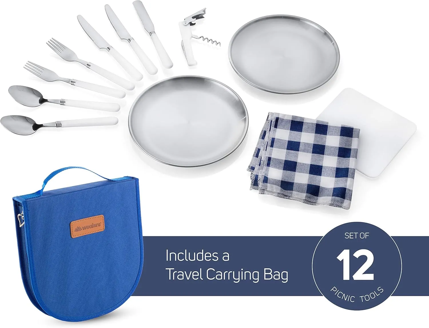 Camping Silverware Kit Cutlery Organizer Utensil Picnic Set - 12 Piece Mess Kit For 2 - Stainless Steel Plate Spoon Butter and Serrated Knife Wine Opener Fork Napkin Hiking - Camp Kitchen BBQ’s (Blue)