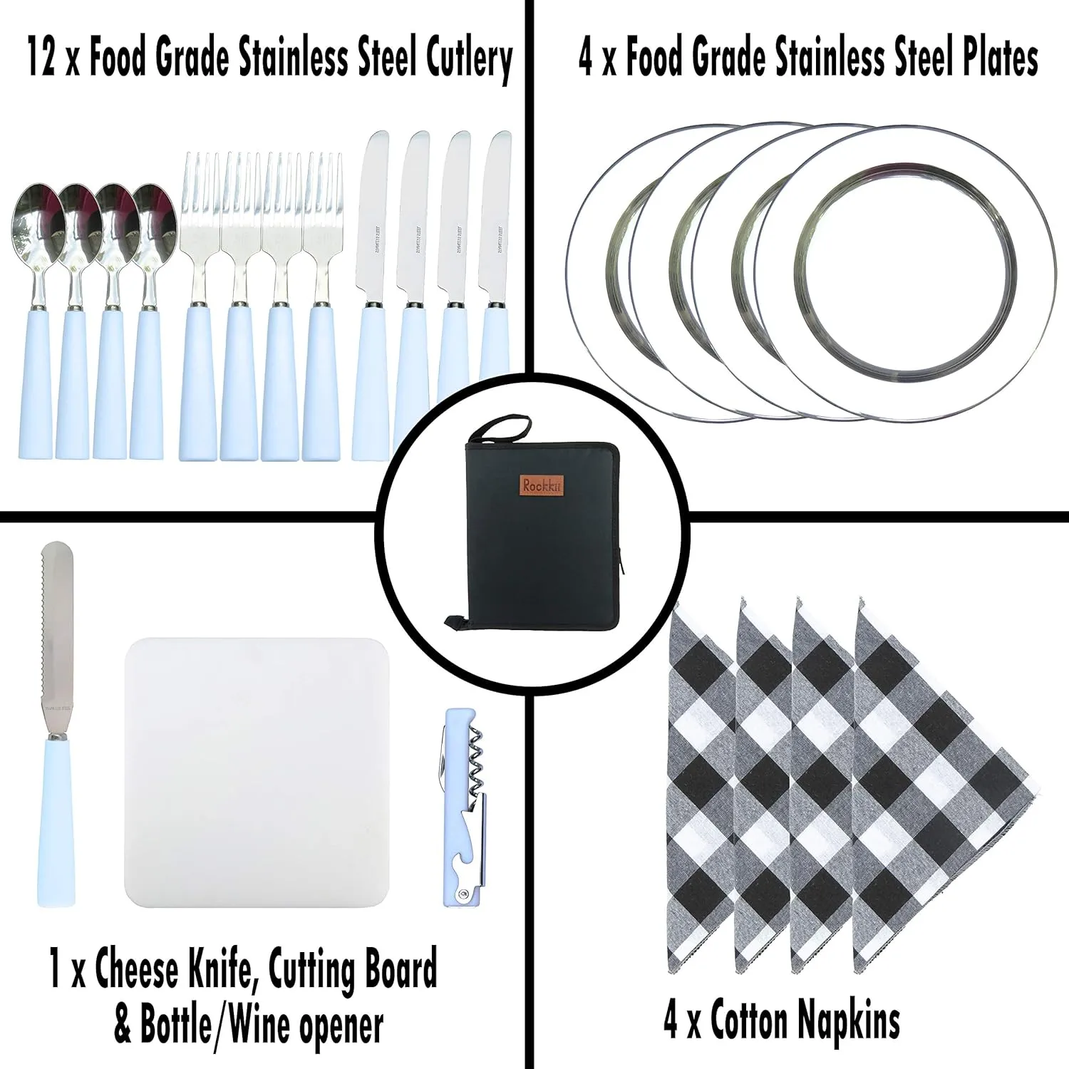 Camping Silverware Set with Case, 11 Pcs Camping Mess Kit with Stainless Steel Plates, Picnic Set for 2, Travel Silverware Set, Camping Utensils for Eating, Portable Cutlery Set