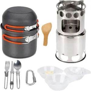 Camping Stove Outdoor Cookware Mess Kit Outdoor Folding Wood Stove Camping Pot Set Bowls Spoon Fork Cutter Tableware Cooking Set (Color : A) (A)