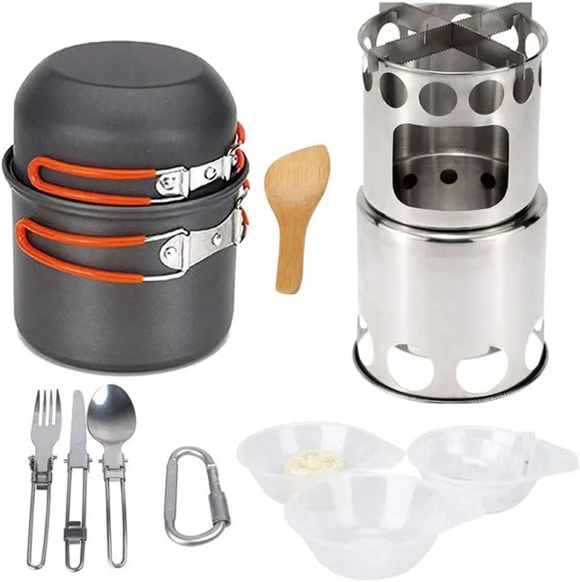 Camping Stove Outdoor Cookware Mess Kit Outdoor Folding Wood Stove Camping Pot Set Bowls Spoon Fork Cutter Tableware Cooking Set (Color : A) (A)