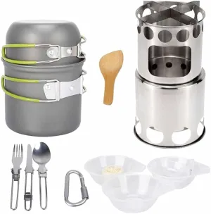 Camping Stove Outdoor Cookware Mess Kit Outdoor Folding Wood Stove Camping Pot Set Bowls Spoon Tableware Cooking Set (Color : A) (A)