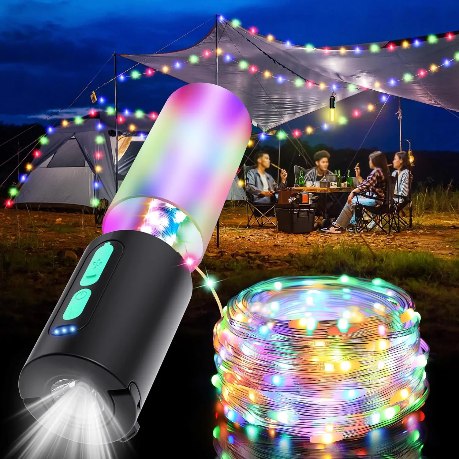 Camping String Lights,33Ft Light with Lantern (4 in 1 Design),Camping Lights 4000mAh Charger,7 Modes,IPX6 Waterproof,Rechargeable Flashlight for Outdoor,Hiking, Outdoor Decorative String Lights