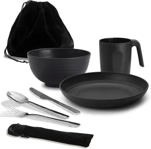 Camping Utensils, Reanea Camping Mess Kit for Travel, Camping, Picnic, Outdoor, Camping Gear Include Knife, Spoon, Fork Cutlery Set, Cup, Bowl, Plate, Camping Essentials for 1