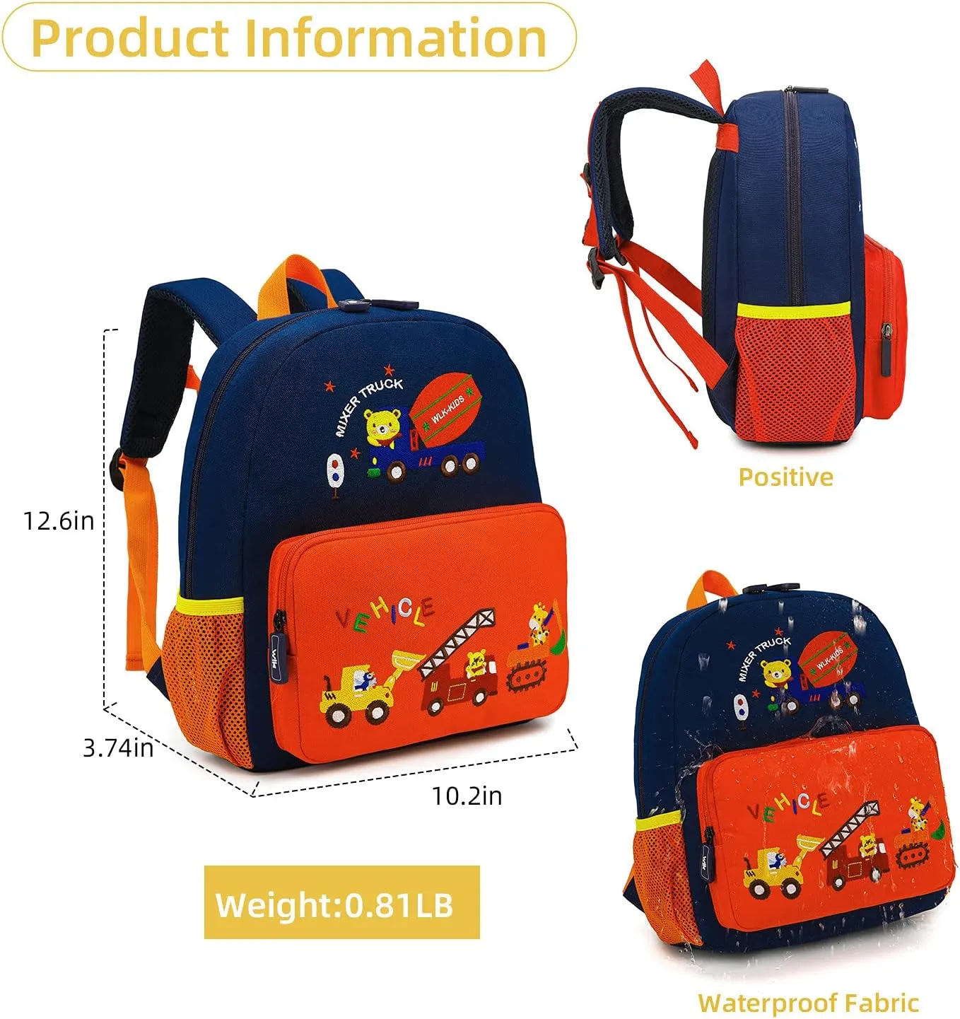 Car Dinosaur Kids Toddler Backpack for Boys and Girls Children Waterproof Preschool Bag(Orange Traffic Paradise)