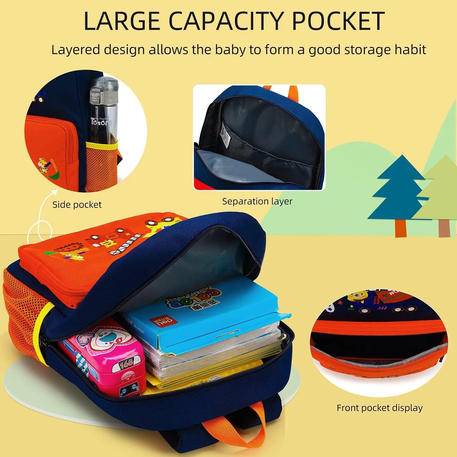 Car Dinosaur Kids Toddler Backpack for Boys and Girls Children Waterproof Preschool Bag(Orange Traffic Paradise)