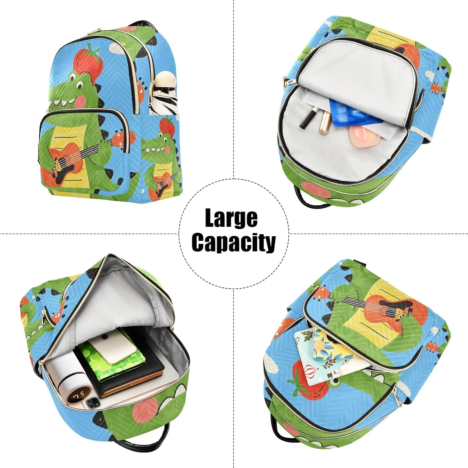 Cartoon Crocodile Playing Guitar Blue Campus Backpack Purse Bookbag Quilted Backpack for Women 13" Laptop Backpack Stylish Printed Rucksack with Multiple Pockets Lightweight Travel