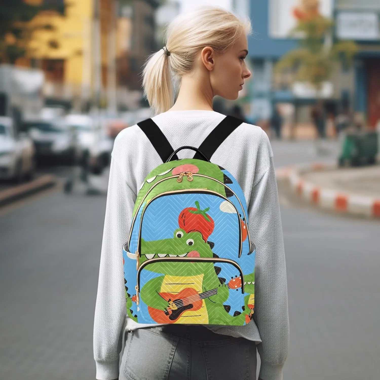 Cartoon Crocodile Playing Guitar Blue Campus Backpack Purse Bookbag Quilted Backpack for Women 13" Laptop Backpack Stylish Printed Rucksack with Multiple Pockets Lightweight Travel