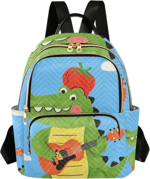 Cartoon Crocodile Playing Guitar Blue Campus Backpack Purse Bookbag Quilted Backpack for Women 13" Laptop Backpack Stylish Printed Rucksack with Multiple Pockets Lightweight Travel