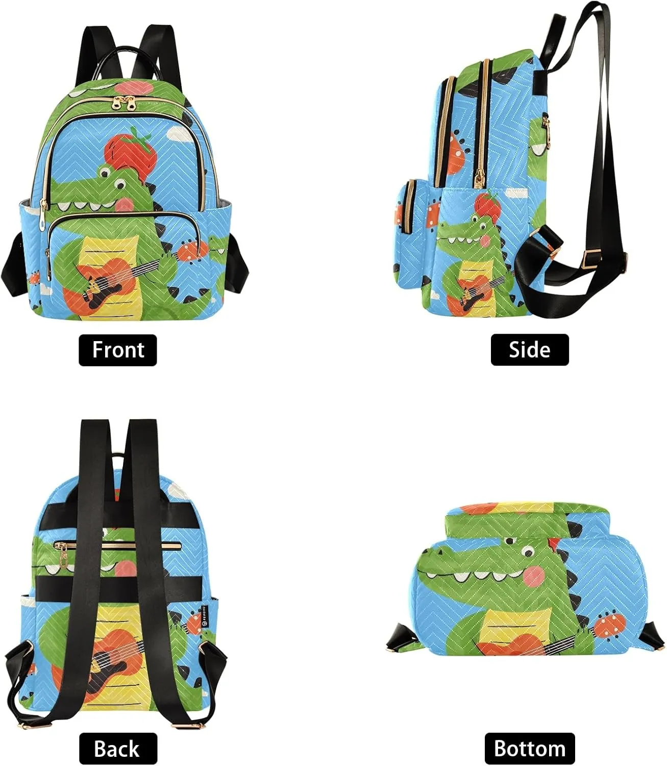 Cartoon Crocodile Playing Guitar Blue Campus Backpack Purse Bookbag Quilted Backpack for Women 13" Laptop Backpack Stylish Printed Rucksack with Multiple Pockets Lightweight Travel