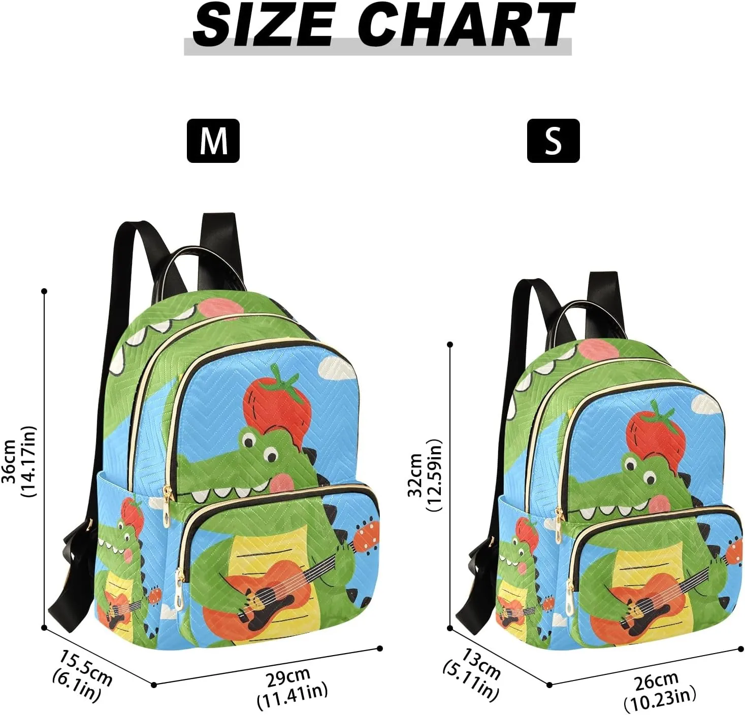 Cartoon Crocodile Playing Guitar Blue Campus Backpack Purse Bookbag Quilted Backpack for Women 13" Laptop Backpack Stylish Printed Rucksack with Multiple Pockets Lightweight Travel
