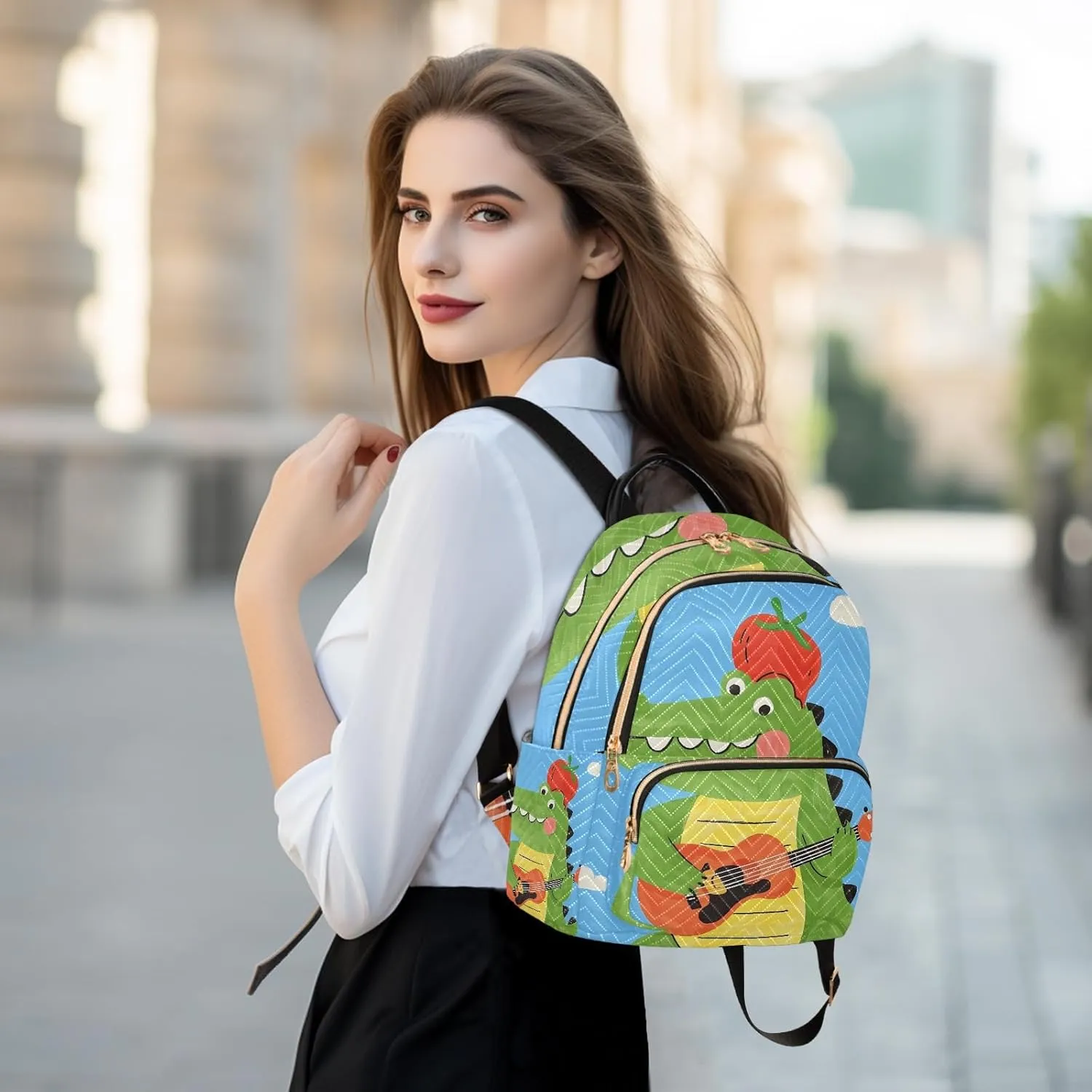 Cartoon Crocodile Playing Guitar Blue Campus Backpack Purse Bookbag Quilted Backpack for Women 13" Laptop Backpack Stylish Printed Rucksack with Multiple Pockets Lightweight Travel