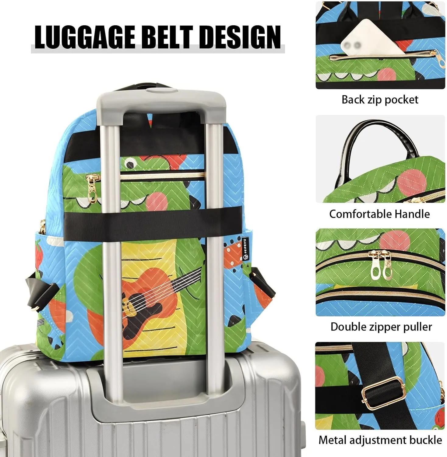 Cartoon Crocodile Playing Guitar Blue Campus Backpack Purse Bookbag Quilted Backpack for Women 13" Laptop Backpack Stylish Printed Rucksack with Multiple Pockets Lightweight Travel