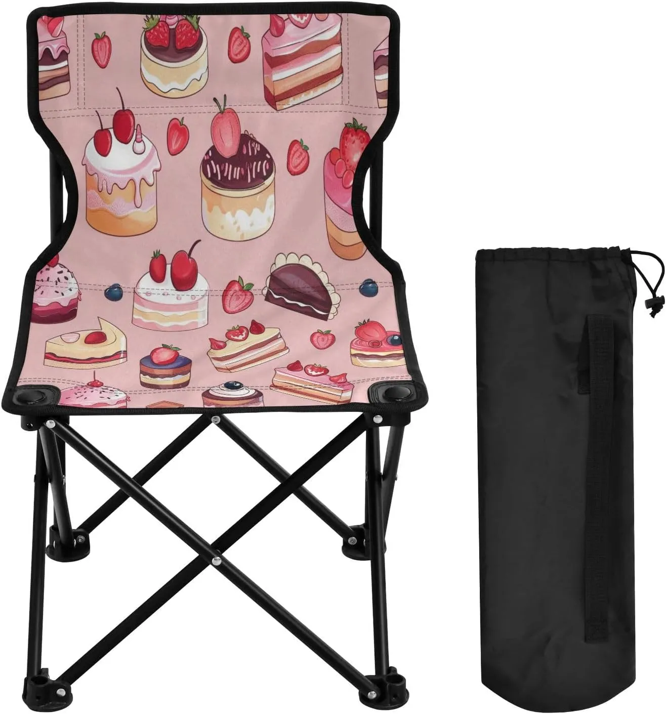 Cartoon Strawberry Cake Portable Outdoor Folding Chair Anti-Slip Padded Oxford Cloth Stool Camping Chair Small for Beach Hiking Fishing Gardening Quad Camp Chair