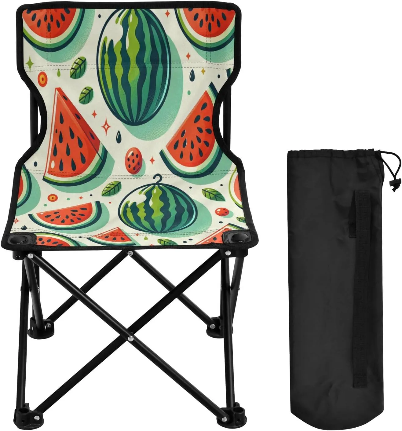 Cartoon Watermelon Portable Outdoor Folding Chair Anti-Slip Padded Oxford Cloth Stool Camping Chair Small for Beach Hiking Fishing Gardening Quad Camp Chair