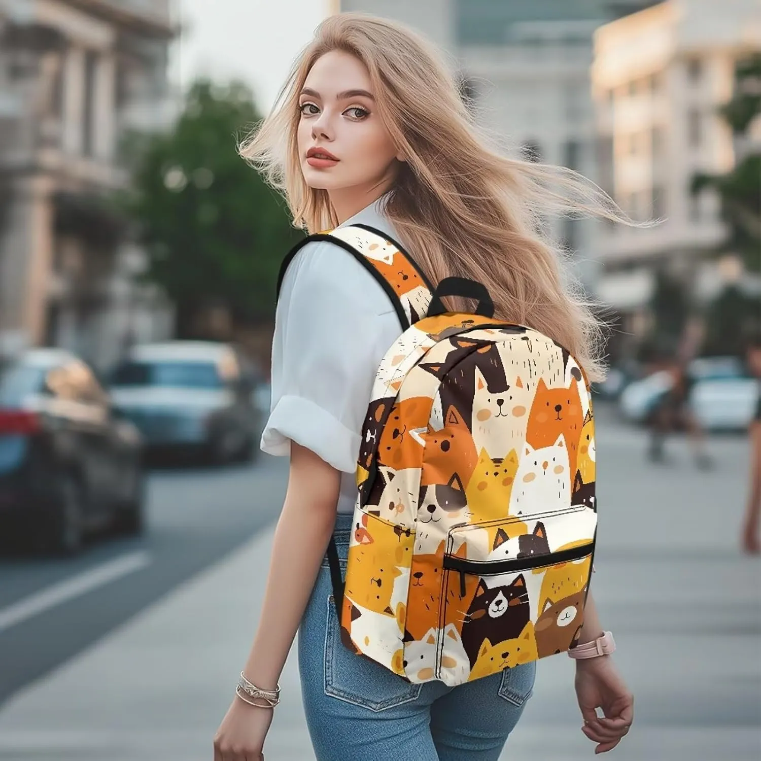 Cat Print Unisex Backpack Cute Large Capacity Travel Daypacks Ladiess Design with Zipper Pockets and Fashion Print Organizer Bag for Work Trips
