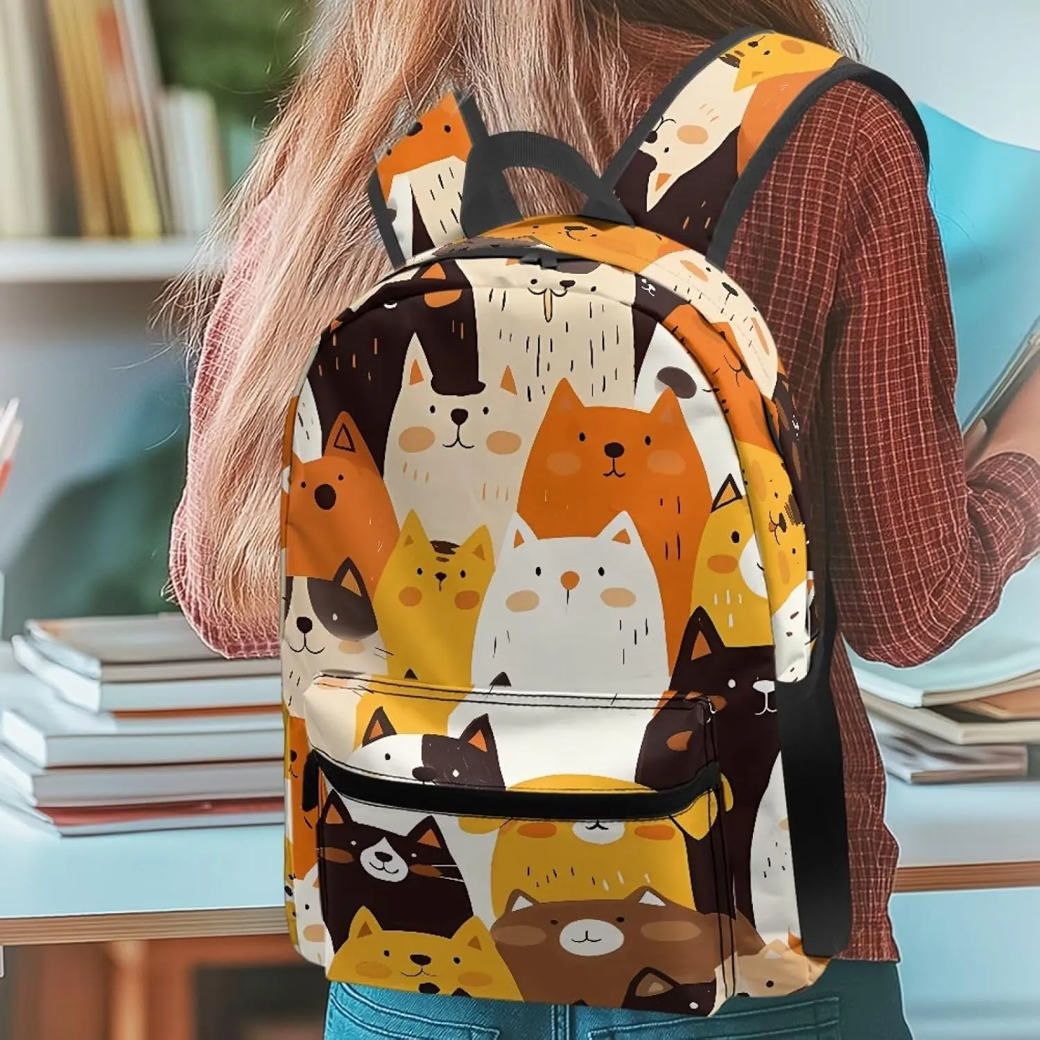 Cat Print Unisex Backpack Cute Large Capacity Travel Daypacks Ladiess Design with Zipper Pockets and Fashion Print Organizer Bag for Work Trips