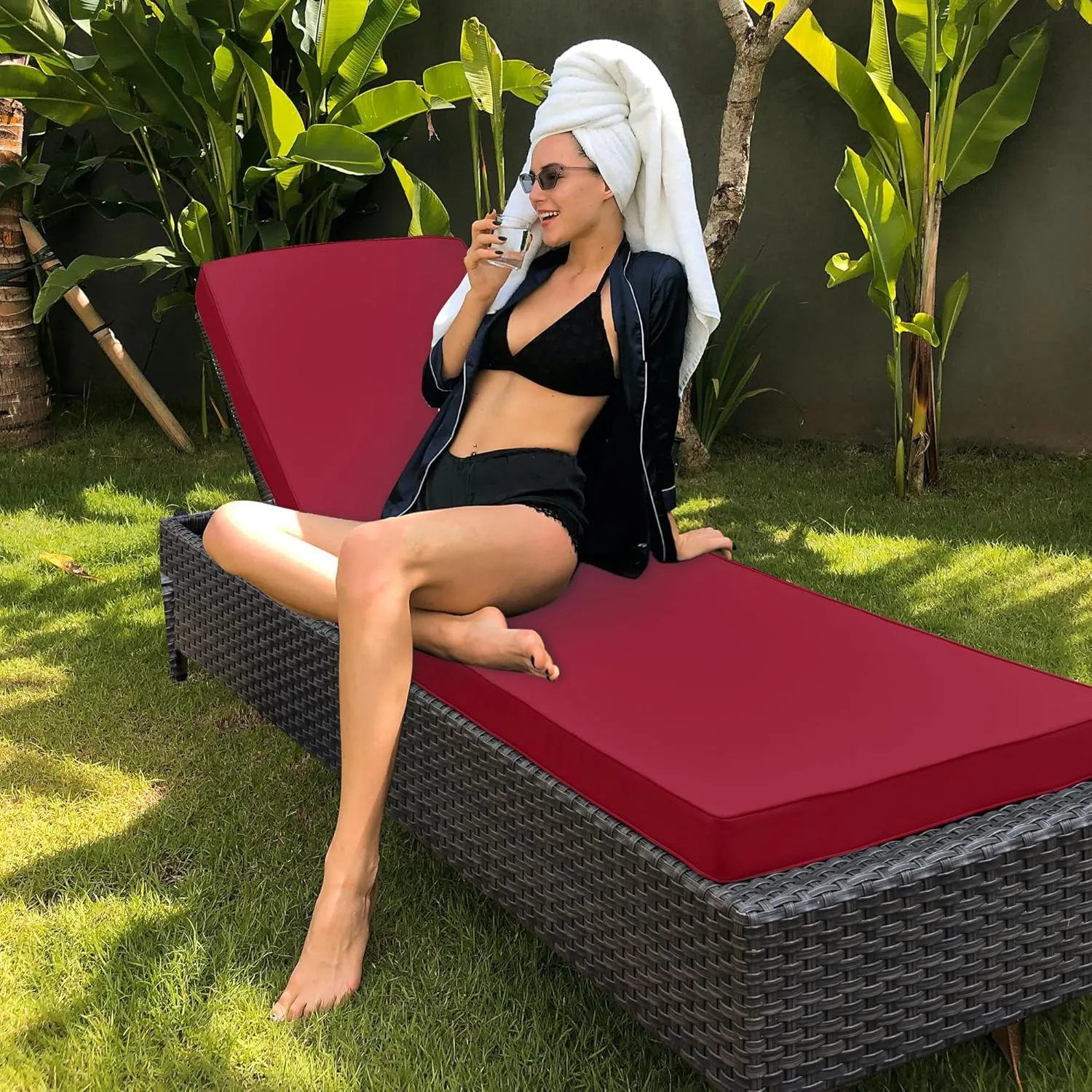 Chaise Lounge Cushion for Outdoor Furniture, Waterproof Fade and Tear Resistant Lounge Deck Chair Cushions for Patio Lawn Pool Resort Hotel, 80x26x3 Inch, Burgundy