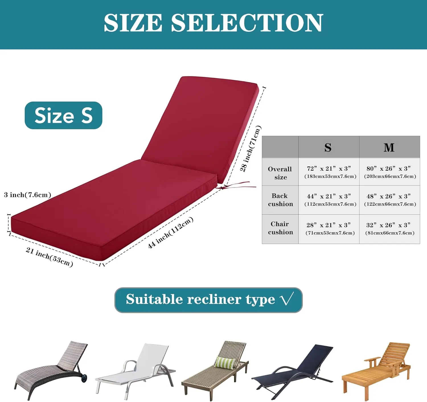 Chaise Lounge Cushion for Outdoor Furniture, Waterproof Fade and Tear Resistant Lounge Deck Chair Cushions for Patio Lawn Pool Resort Hotel, 80x26x3 Inch, Burgundy