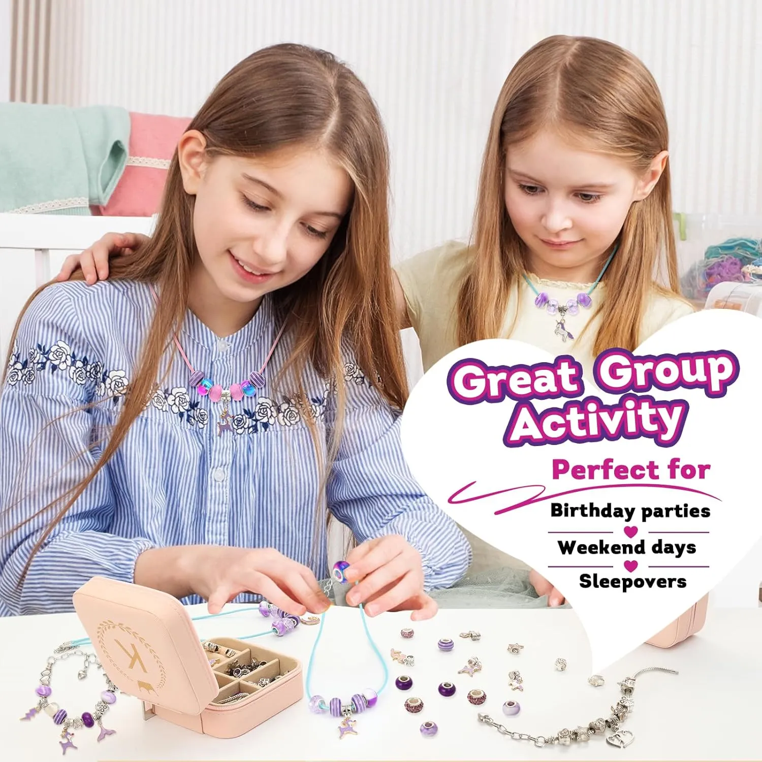 Charm Bracelet Making Kit, Gifts for 5 6 7 8 9 10 11 12 Year Old Girls, Jewelry Making Kit for Girls with Initial Jewelry Box, DIY Necklace Kit Girls Toys Age 6-8 8-12 Girls Christmas Gifts - H