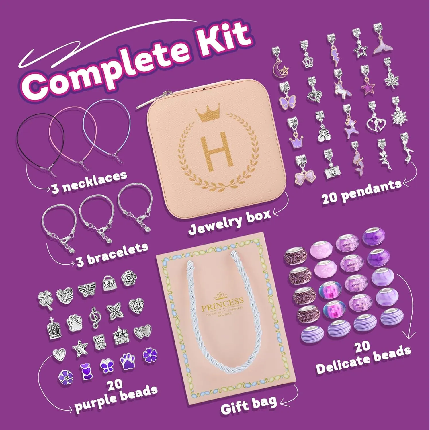 Charm Bracelet Making Kit, Gifts for 5 6 7 8 9 10 11 12 Year Old Girls, Jewelry Making Kit for Girls with Initial Jewelry Box, DIY Necklace Kit Girls Toys Age 6-8 8-12 Girls Christmas Gifts - H