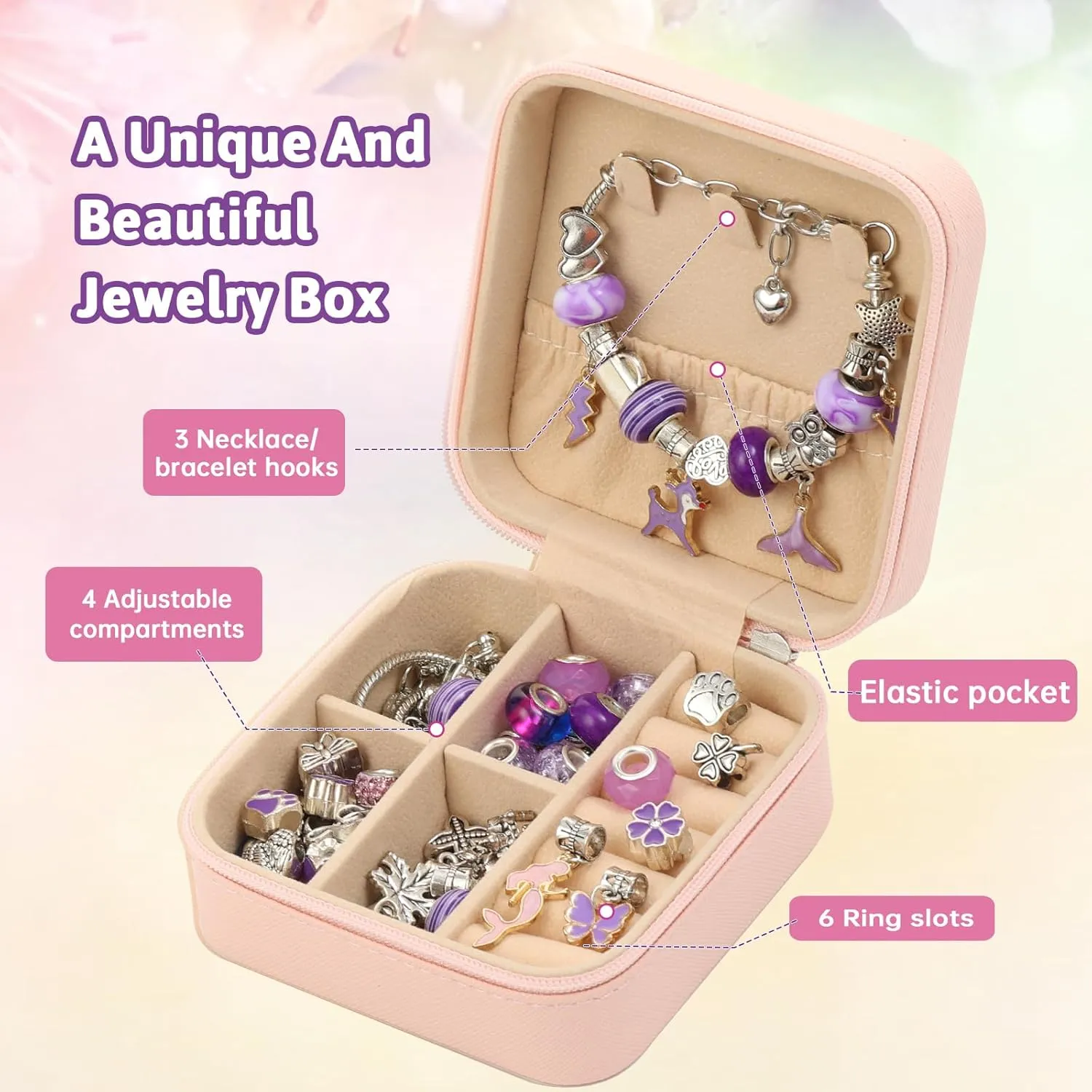 Charm Bracelet Making Kit, Gifts for 5 6 7 8 9 10 11 12 Year Old Girls, Jewelry Making Kit for Girls with Initial Jewelry Box, DIY Necklace Kit Girls Toys Age 6-8 8-12 Girls Christmas Gifts - H