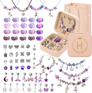 Charm Bracelet Making Kit, Gifts for 5 6 7 8 9 10 11 12 Year Old Girls, Jewelry Making Kit for Girls with Initial Jewelry Box, DIY Necklace Kit Girls Toys Age 6-8 8-12 Girls Christmas Gifts - H