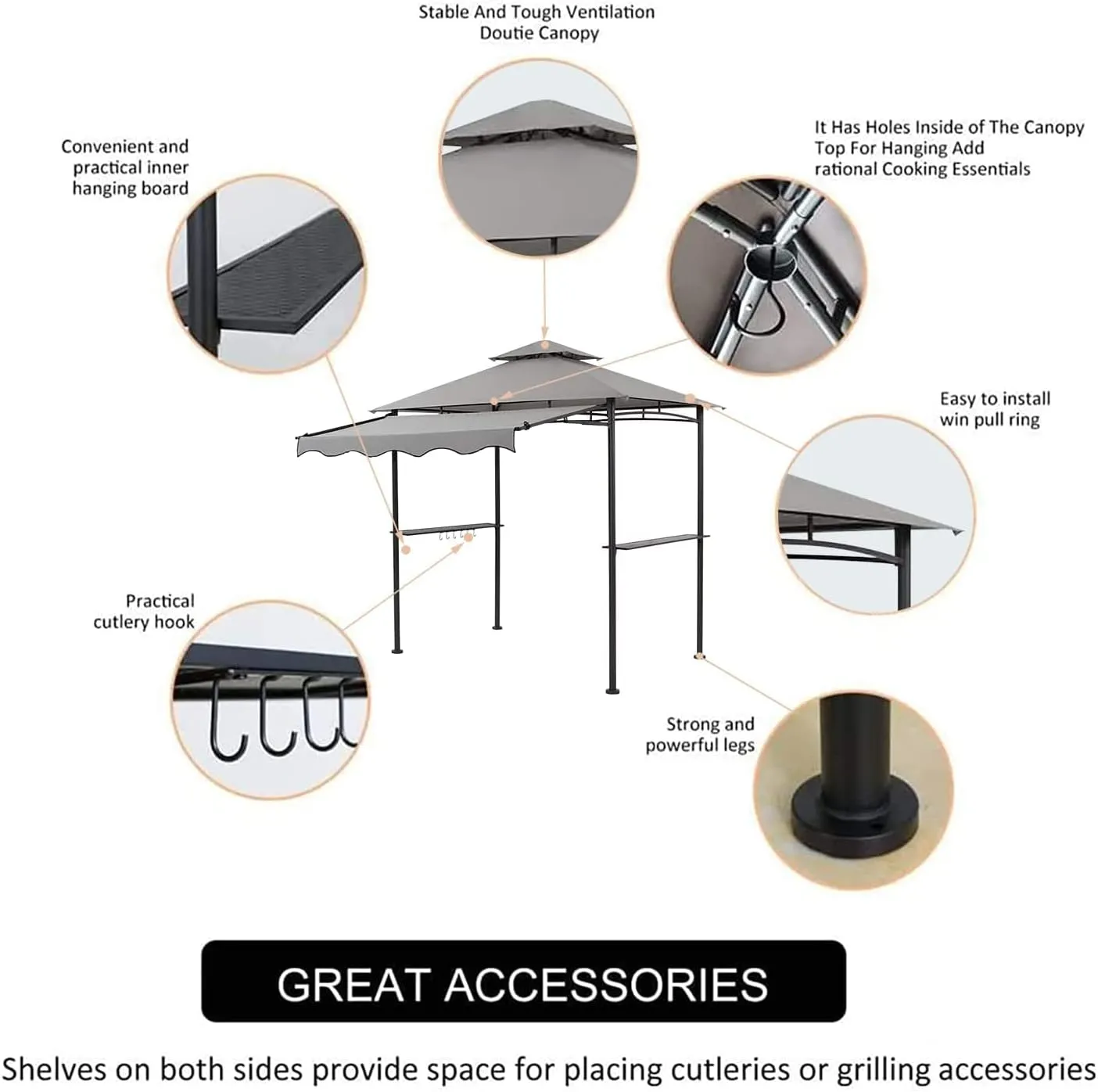 CHARMELEON Double Tiered Grill Gazebo 5x8, Outdoor BBQ Patio Canopy Tent with Stretchable Side Awning (Light Grey)