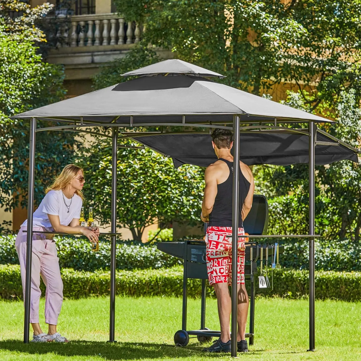 CHARMELEON Double Tiered Grill Gazebo 5x8, Outdoor BBQ Patio Canopy Tent with Stretchable Side Awning (Light Grey)