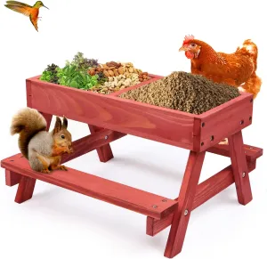 Chicken Picnic Table, Chicken Feeder No Waste Handmade Wooden, Large DIY Chicken Feeder Kit, Wild Bird, Duck & Squirrel Feeders, Mesh Bottom Keep Food Fresh and Dry Easy to Clean and Fill（Red Paint