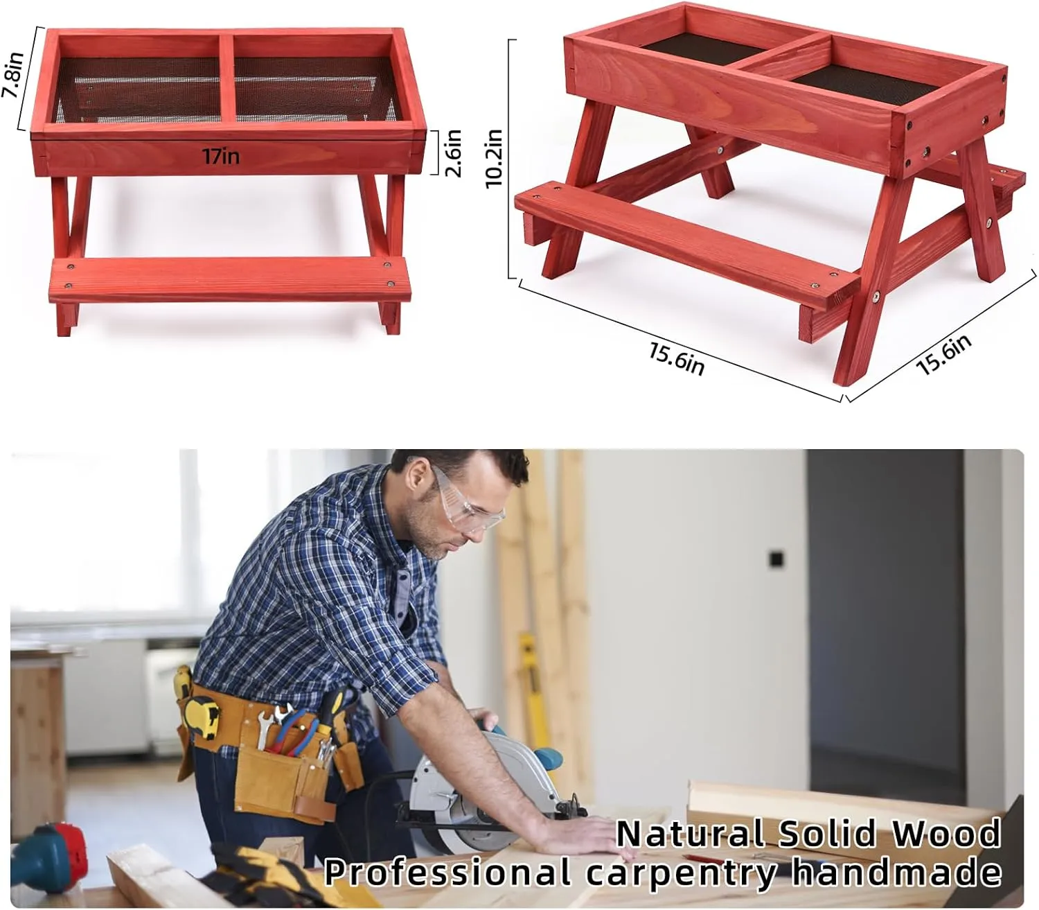 Chicken Picnic Table, Chicken Feeder No Waste Handmade Wooden, Large DIY Chicken Feeder Kit, Wild Bird, Duck & Squirrel Feeders, Mesh Bottom Keep Food Fresh and Dry Easy to Clean and Fill（Red Paint