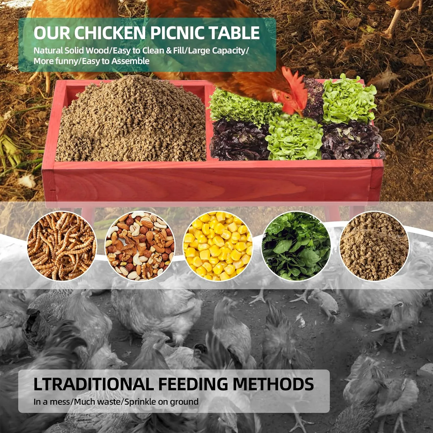 Chicken Picnic Table, Chicken Feeder No Waste Handmade Wooden, Large DIY Chicken Feeder Kit, Wild Bird, Duck & Squirrel Feeders, Mesh Bottom Keep Food Fresh and Dry Easy to Clean and Fill（Red Paint