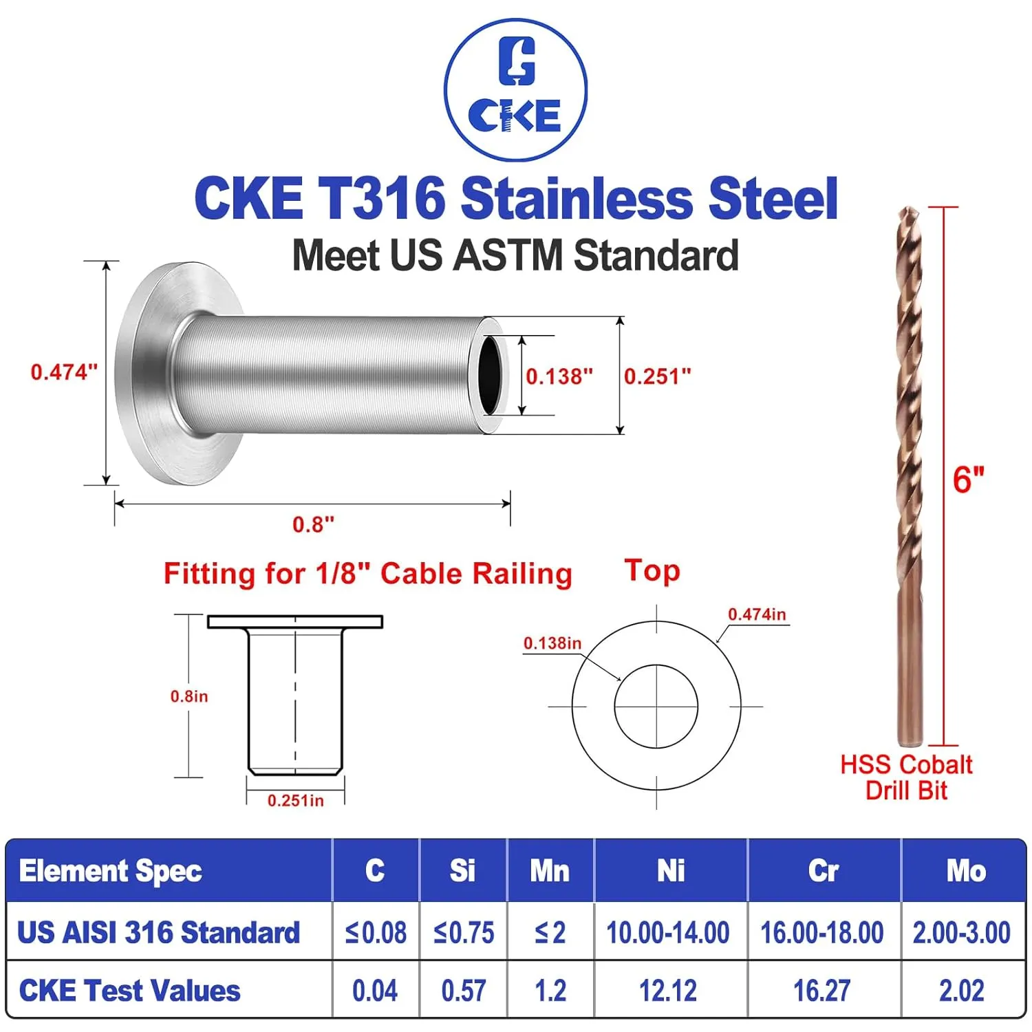 CKE 200 Pack T316 Stainless Steel Protector Sleeves for 1/8" Wire Rope Cable Railing, Marine Grade Protective Sleeves Deck Cable Railing Kit for Wood Posts DIY Balustrade, CR01