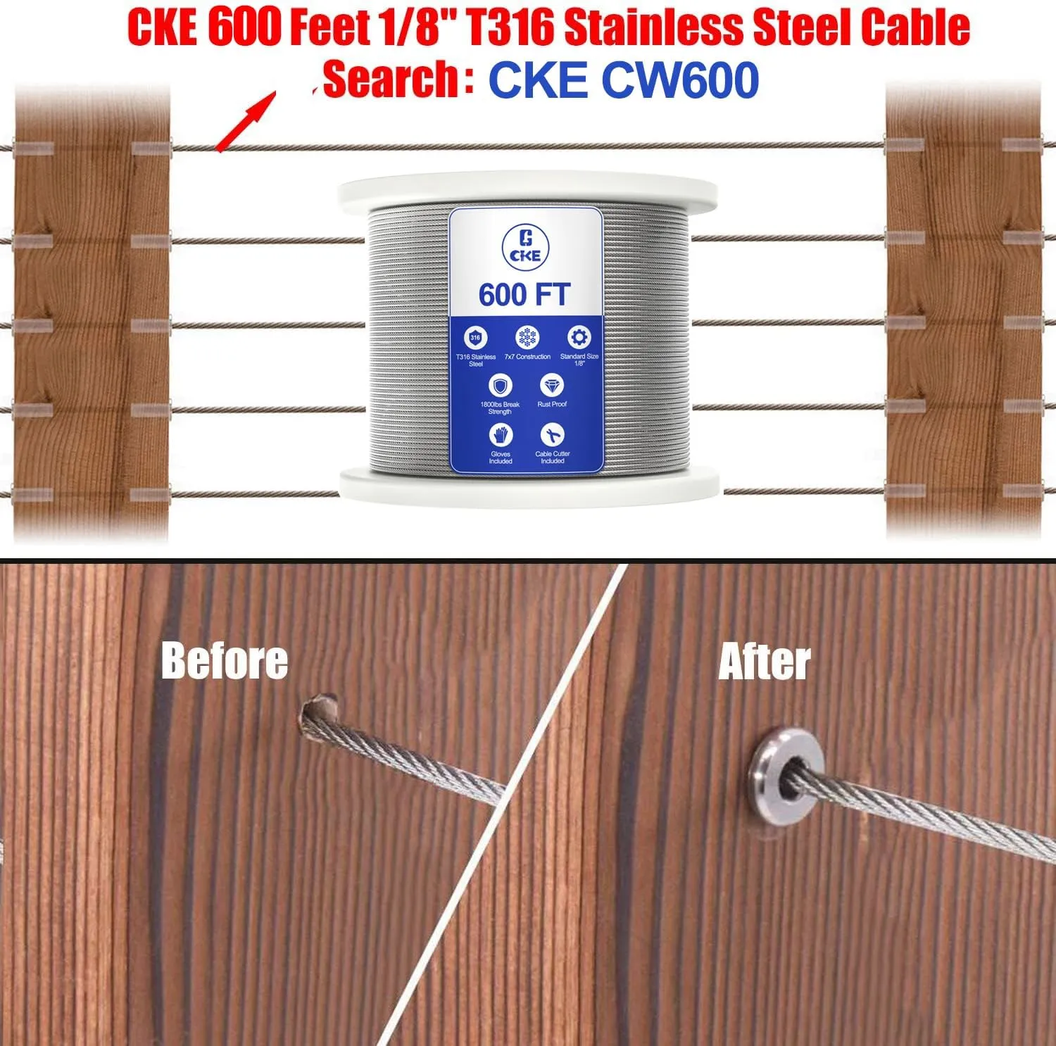 CKE 200 Pack T316 Stainless Steel Protector Sleeves for 1/8" Wire Rope Cable Railing, Marine Grade Protective Sleeves Deck Cable Railing Kit for Wood Posts DIY Balustrade, CR01